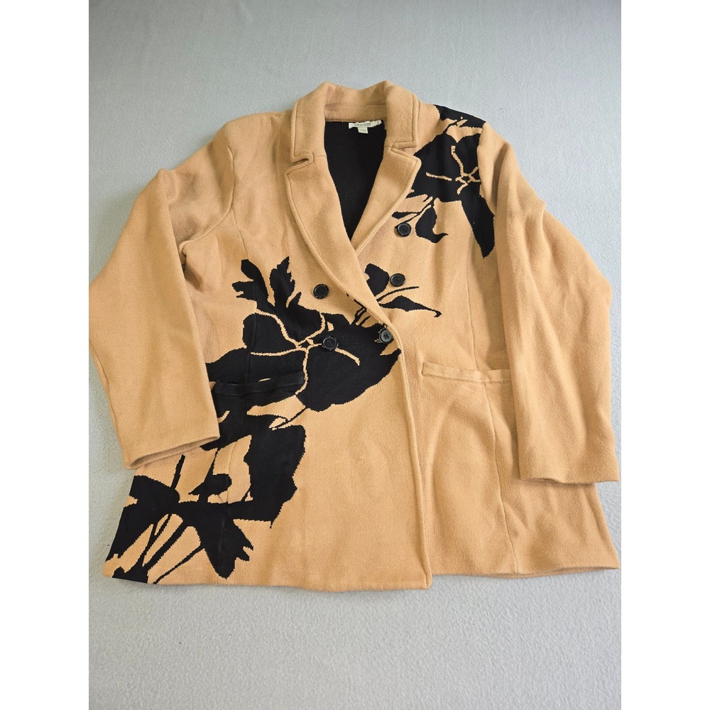 Chicos Sweater‎ Blazer Womens 3 XL Tan Black Floral Double Breasted Knit Jacket